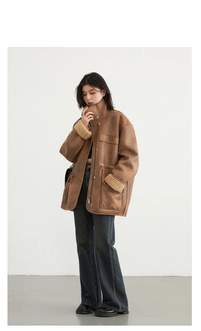 CHIC VEN Women's Reversible Jacket – Thick Suede, Motorcycle Style, Loose Fit Winter & Autumn Outerwear 2023