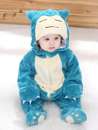Baby Cosplay Bodysuit – Snorlax & Dinosaur Flannel Jumpsuit for Newborns 0-3 Years, Halloween Costume