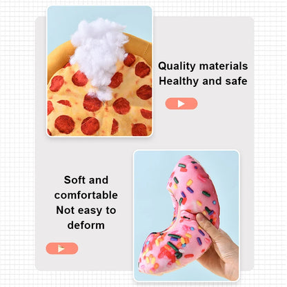 Plush Dog Toy in Doughnut & Pizza Shape – Squeaky Chew Toy for Small & Large Dogs, Teeth Cleaning Puppy Toy