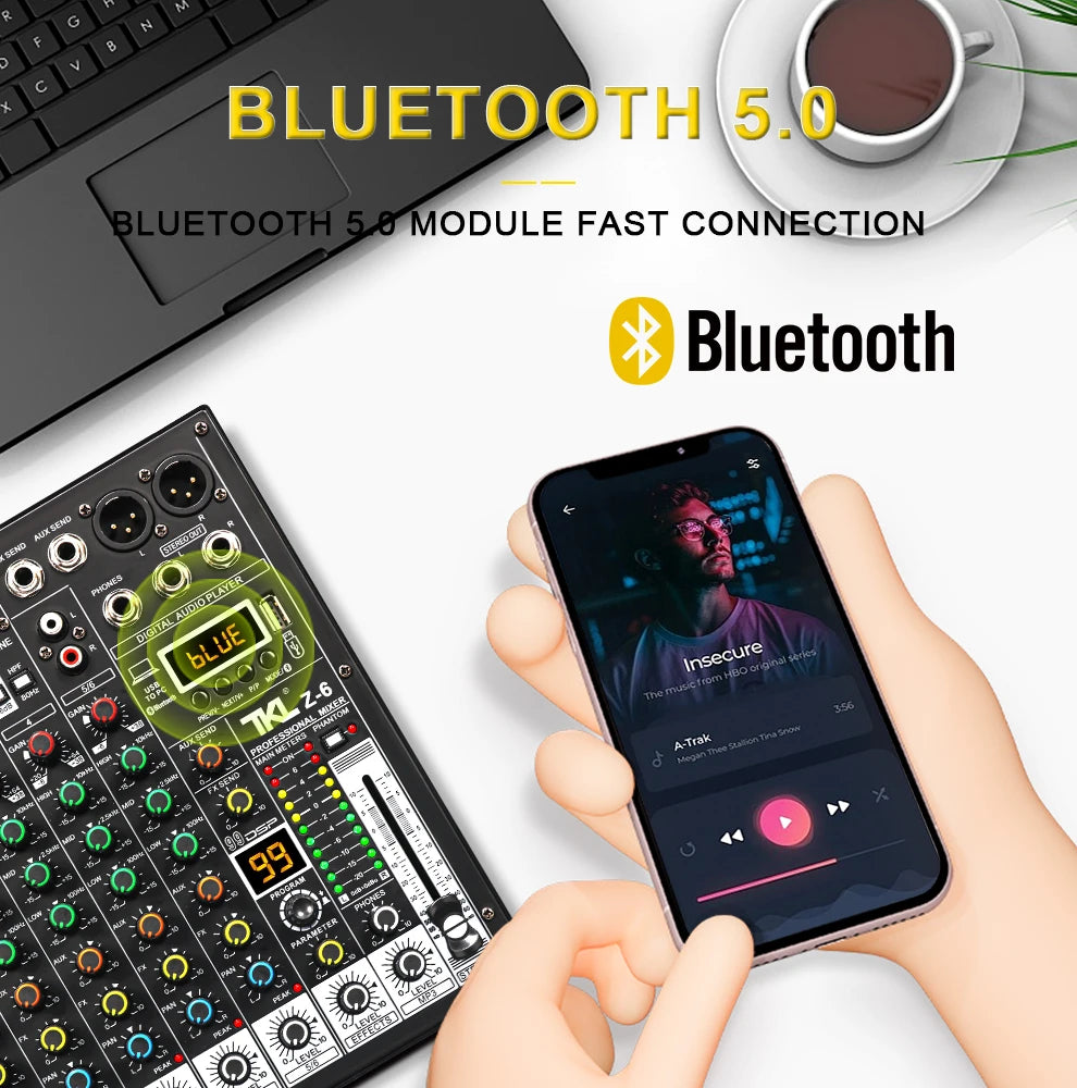TKLBLS Professional 6 Channel Audio Mixer – 99 DSP Effects, 48V Phantom Power, USB, Bluetooth DJ Console for Studio & Karaoke