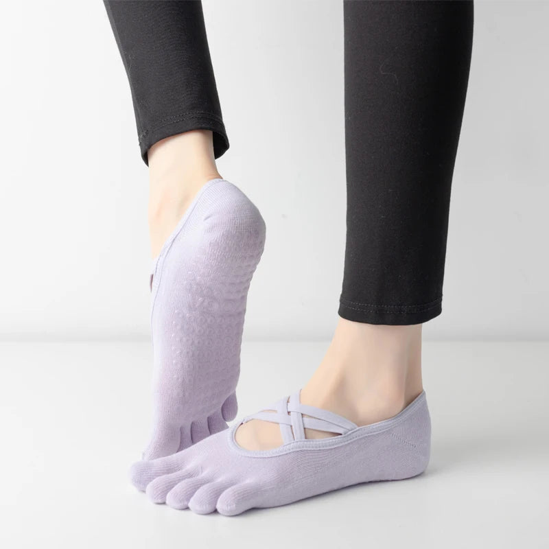 Women's Anti-Slip Pilates Socks - Five Toe Silicone Non-Slip Yoga and Ballet Dance Socks, Cotton Fitness Sports Socks