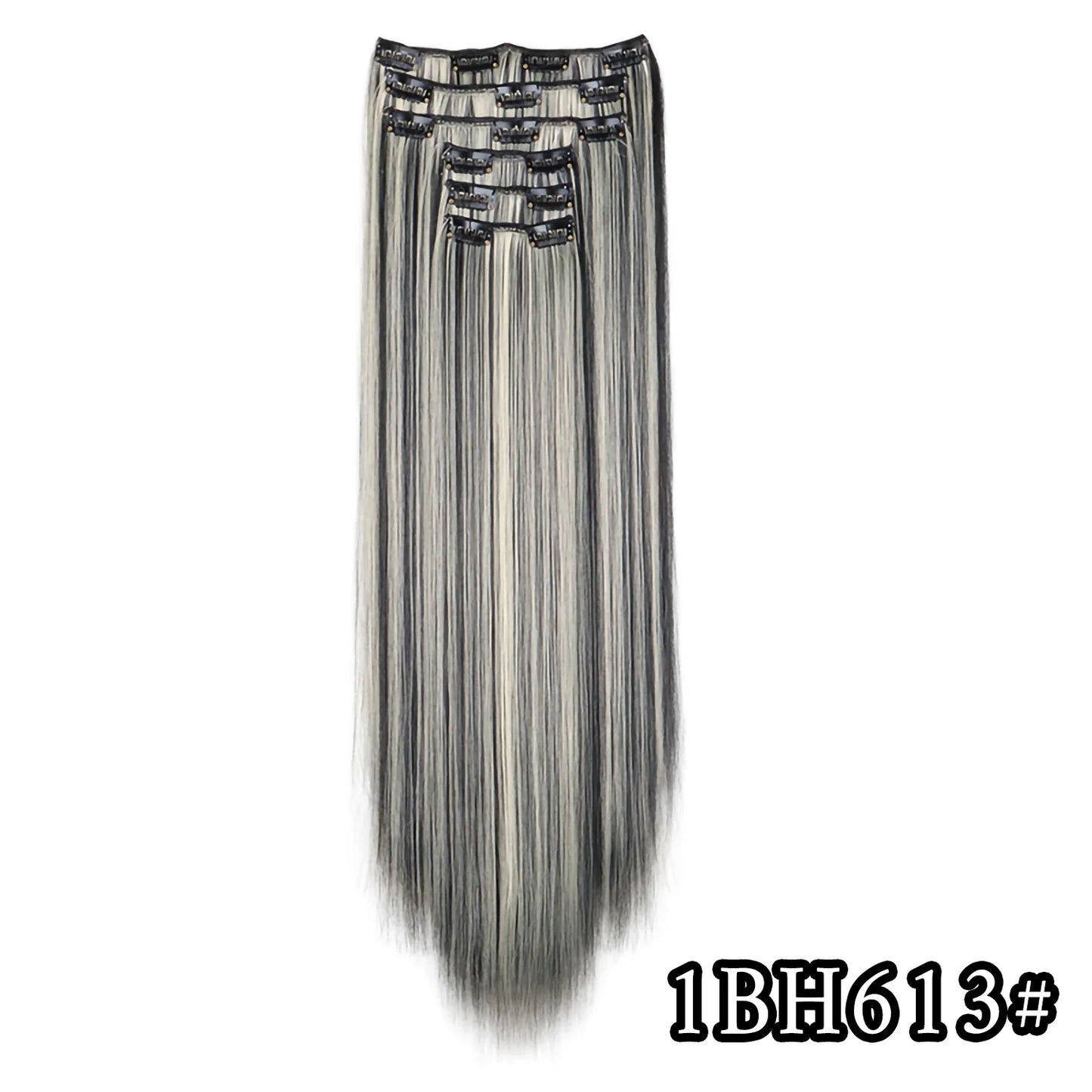 24-Inch 16 Clips-in Hair Extensions – Long Straight Synthetic Blonde & Black Hairpieces, Heat Resistant for Daily Use