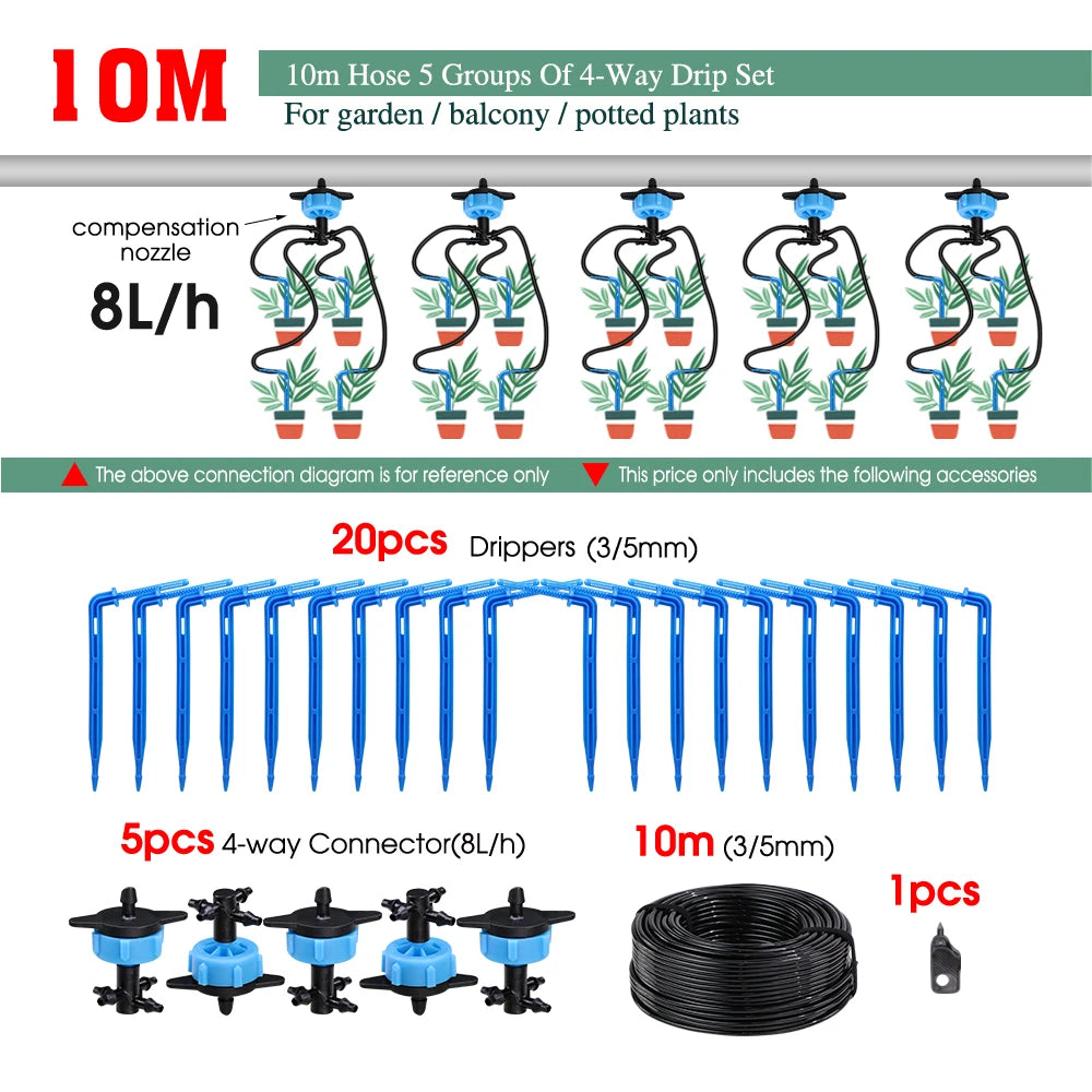 MUCIAKIE 4/2-Way Drip Irrigation System Kit – 100–10M 8L Watering Dripper Sprinkler for Potted Plants & Garden Use