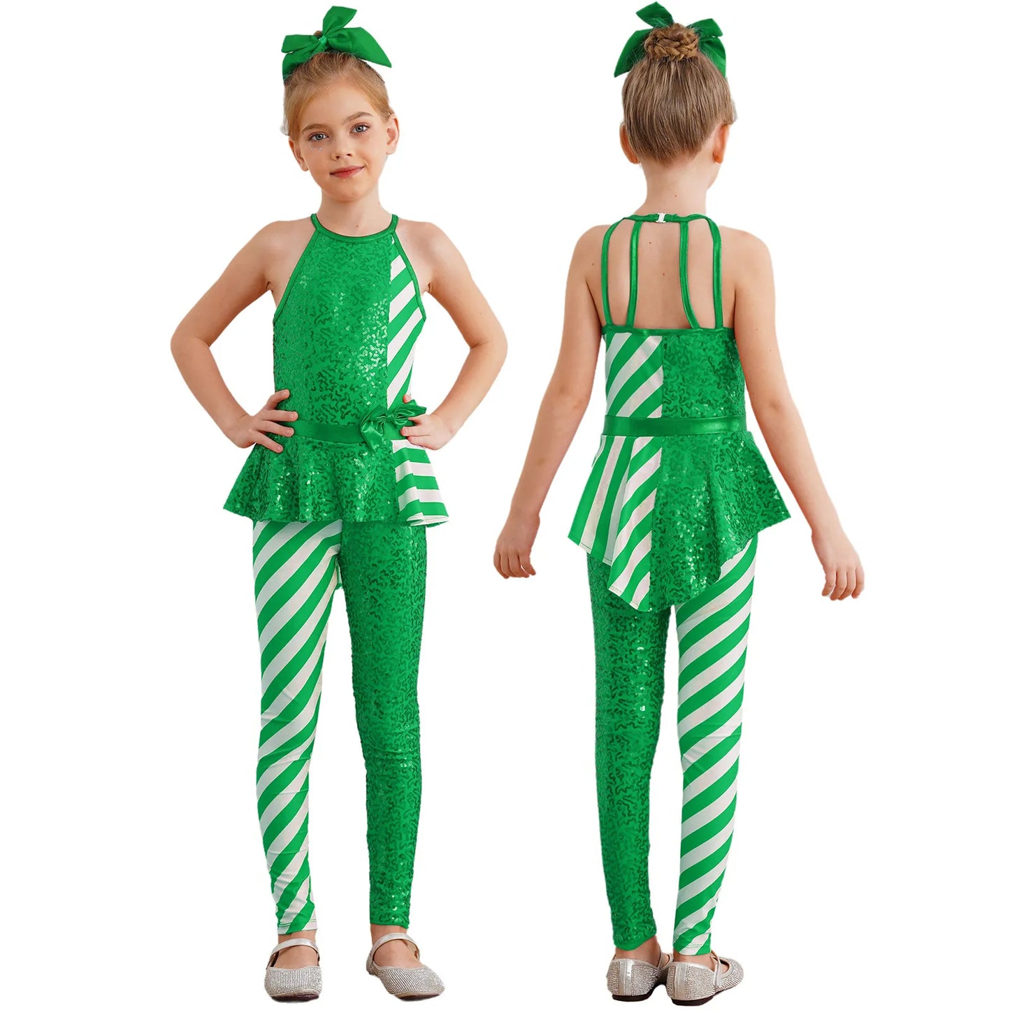 Kids Candy Cane Striped Christmas Tutu Leotard — Sequined Santa Bodysuit for Ballet & Gymnastics