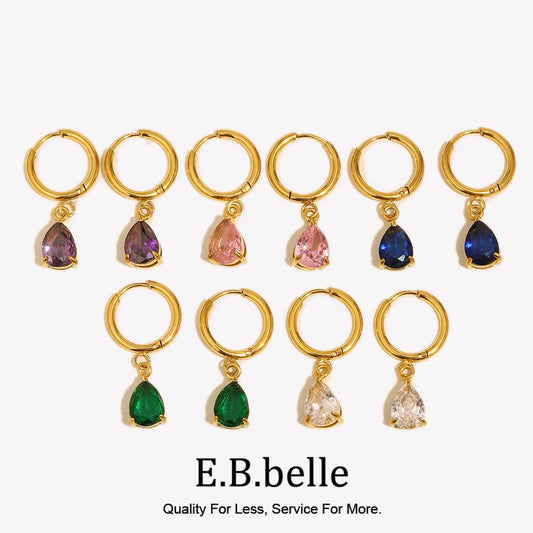 E.B.belle 3A Zircon Waterdrop Small Hoop Earrings for Women – Luxury Colorful Crystal Huggie Charm Jewelry Gift