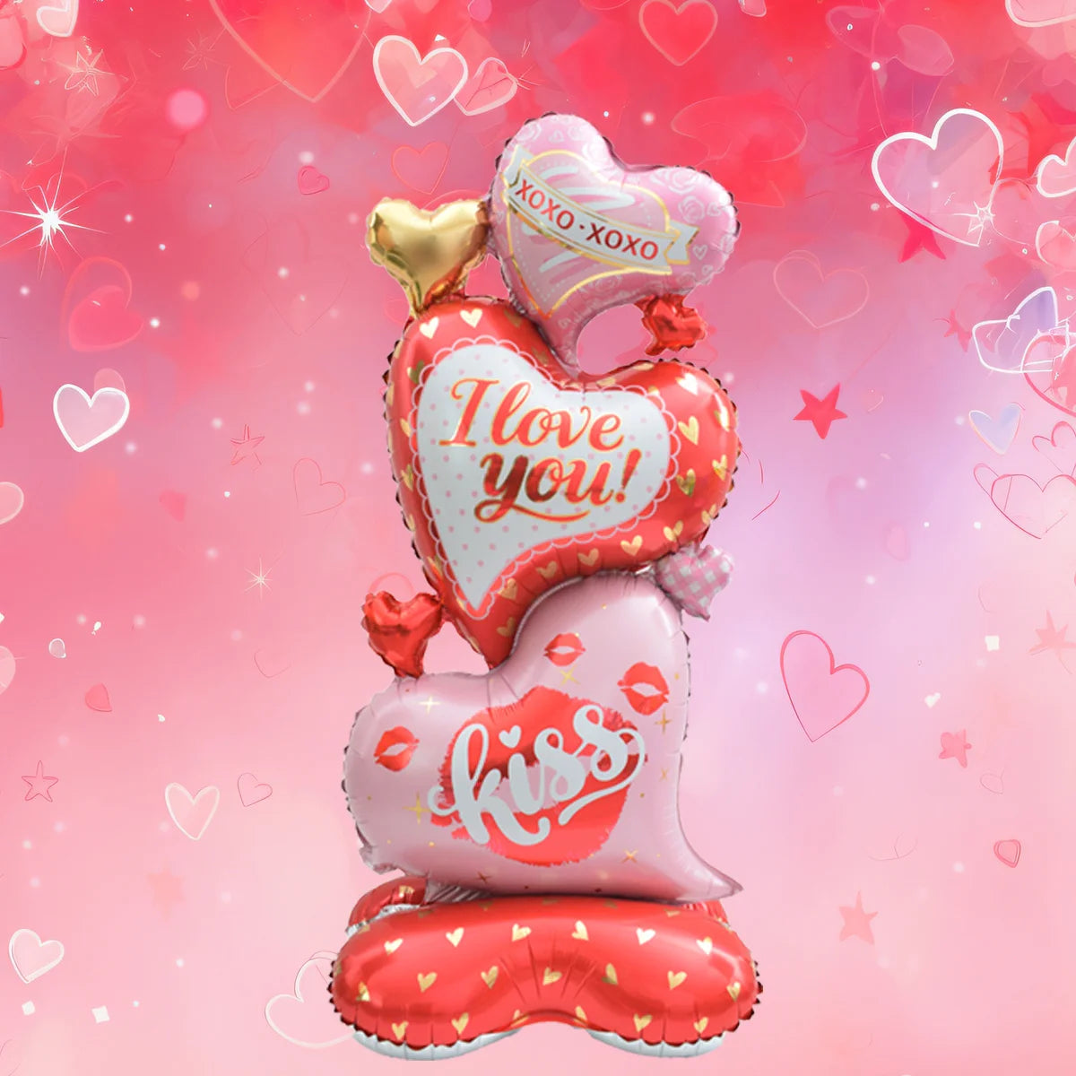 Happy Valentine’s Day Heart Balloon Stand Set – Love Bear & Heart-to-Heart Balloons Wedding Party Decoration