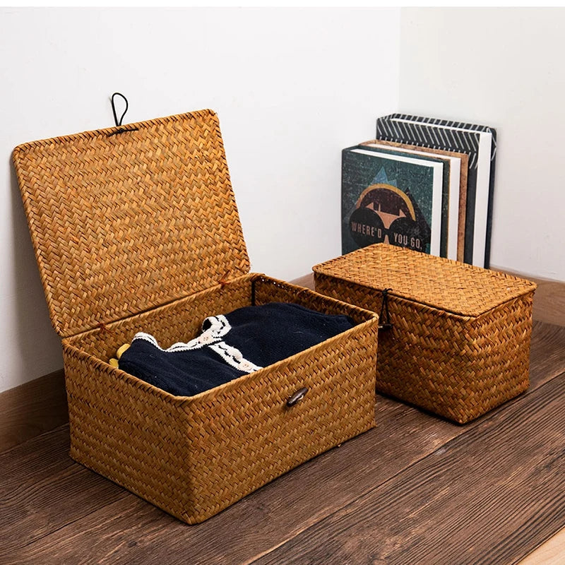 Hand-Woven Seaweed Storage Basket with Lid - Multi-Purpose Sundries Organizer, Cosmetic, Toy, and Clothes Container