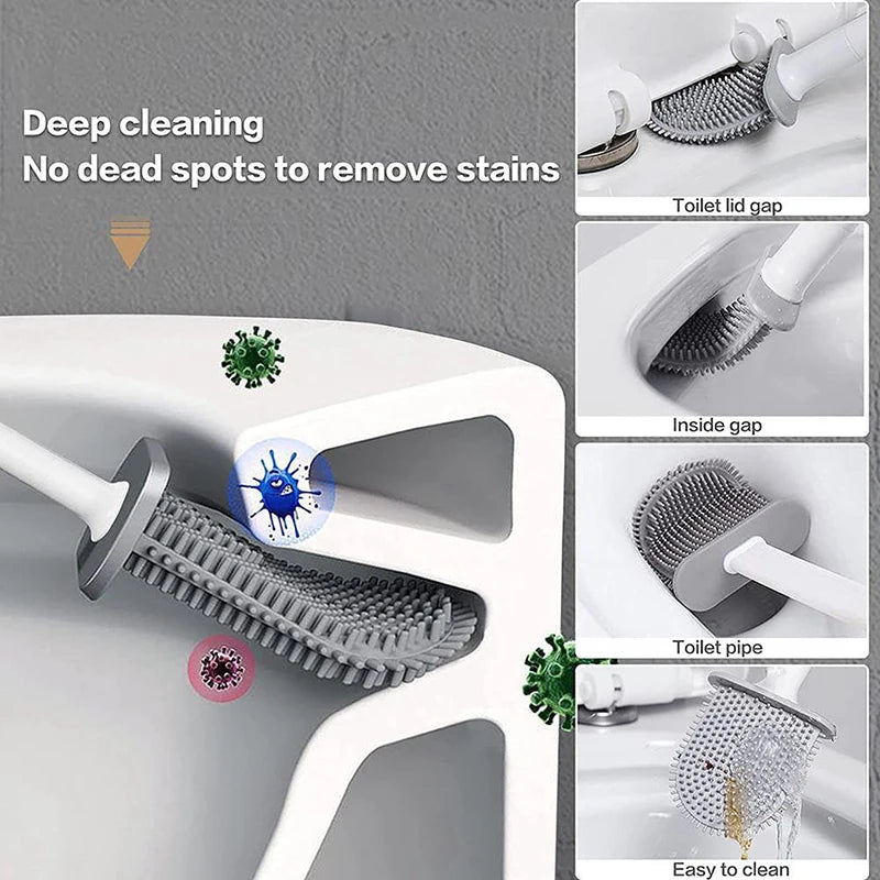 Flexible Hanging Silicone Toilet Brush Cleaner with Quick-Drying Holder - Bathroom Cleaning Accessory