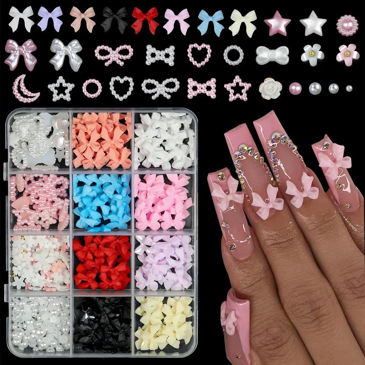 12 Grids Mixed Resin Bowknot Nail Art Decorations – 3D Acrylic Charms & Kawaii Colorful Rhinestone DIY Manicure Parts
