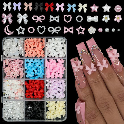 12 Grids Mixed Resin Bowknot Nail Art Decorations – 3D Acrylic Charms & Kawaii Colorful Rhinestone DIY Manicure Parts