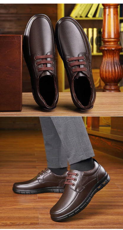Men's Genuine Leather Casual Shoes - Soft Sole Lace-Up Loafers, Luxury Brand for Middle-Aged & Older Adults, Lightweight Dad Shoes