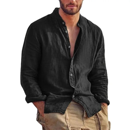Men's Linen Stand Collar Shirt - Lightweight Breathable Long Sleeve Casual Shirt