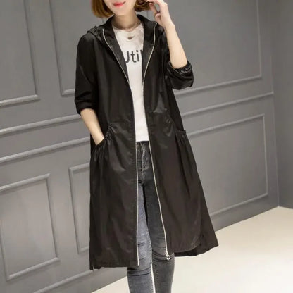 Women’s Mid-Length Hooded Trench Coat - Lightweight Loose Windbreaker for Spring & Summer