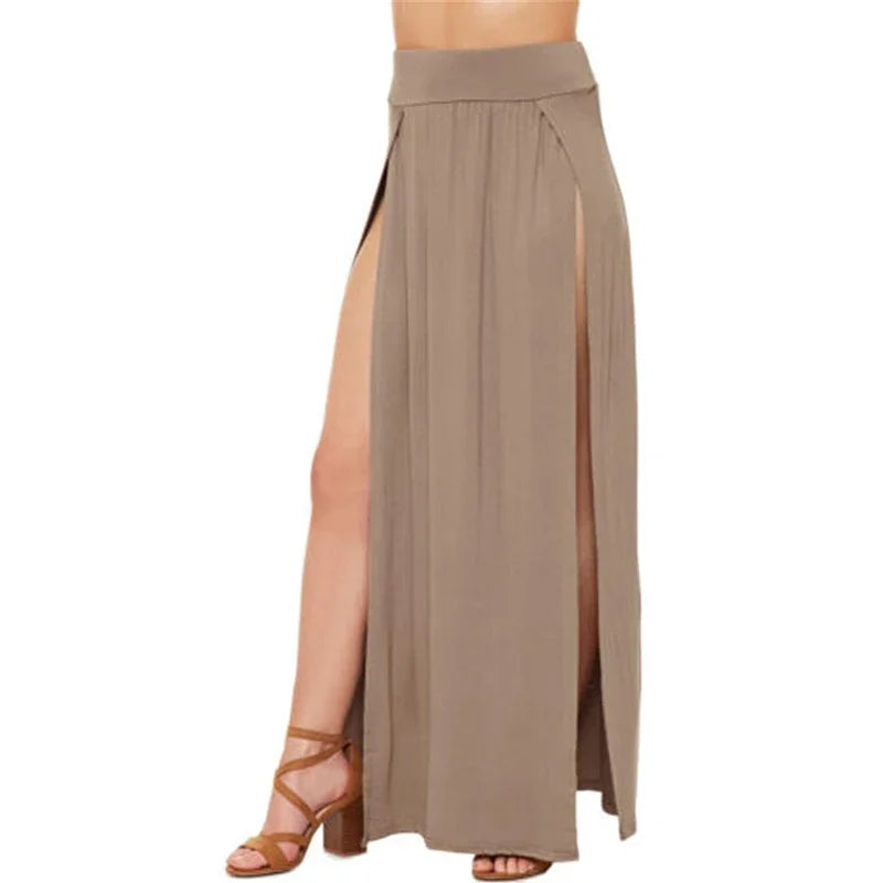 Women’s High Waisted Double Slit Maxi Skirt – Sexy Solid Color Long Summer Skirt Elegant Fashion Casual Wear Valentine’s Day Gift Style