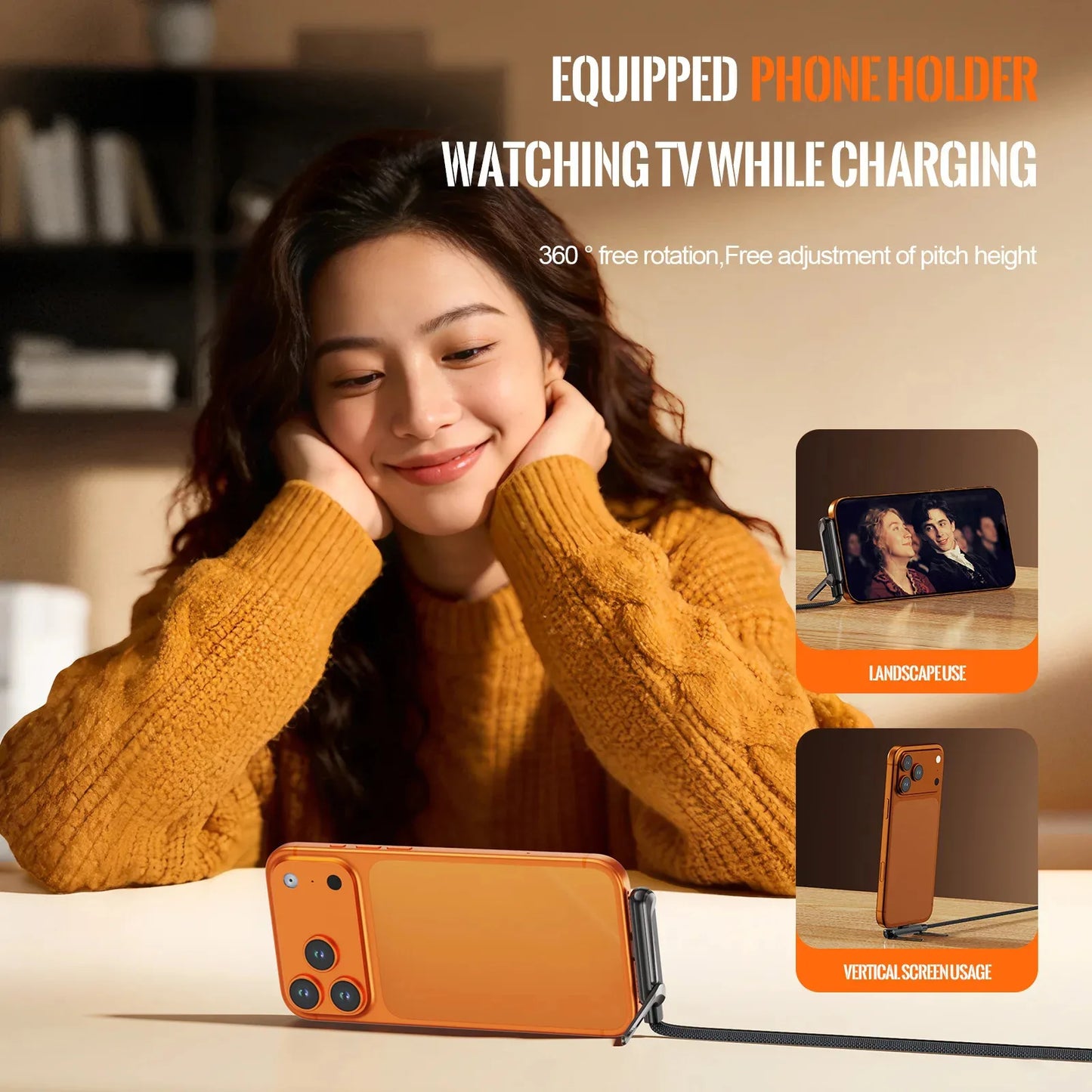 240W 2-in-1 USB-C Fast Charging Cable with Foldable Stand – Type-C Data & Desktop Holder Cord for iPhone 17/16