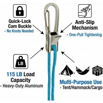 Rope Tying Tool & Tensioner - Heavy Duty Retractable Buckle with Roller for Camping, Hiking & Outdoor Gear