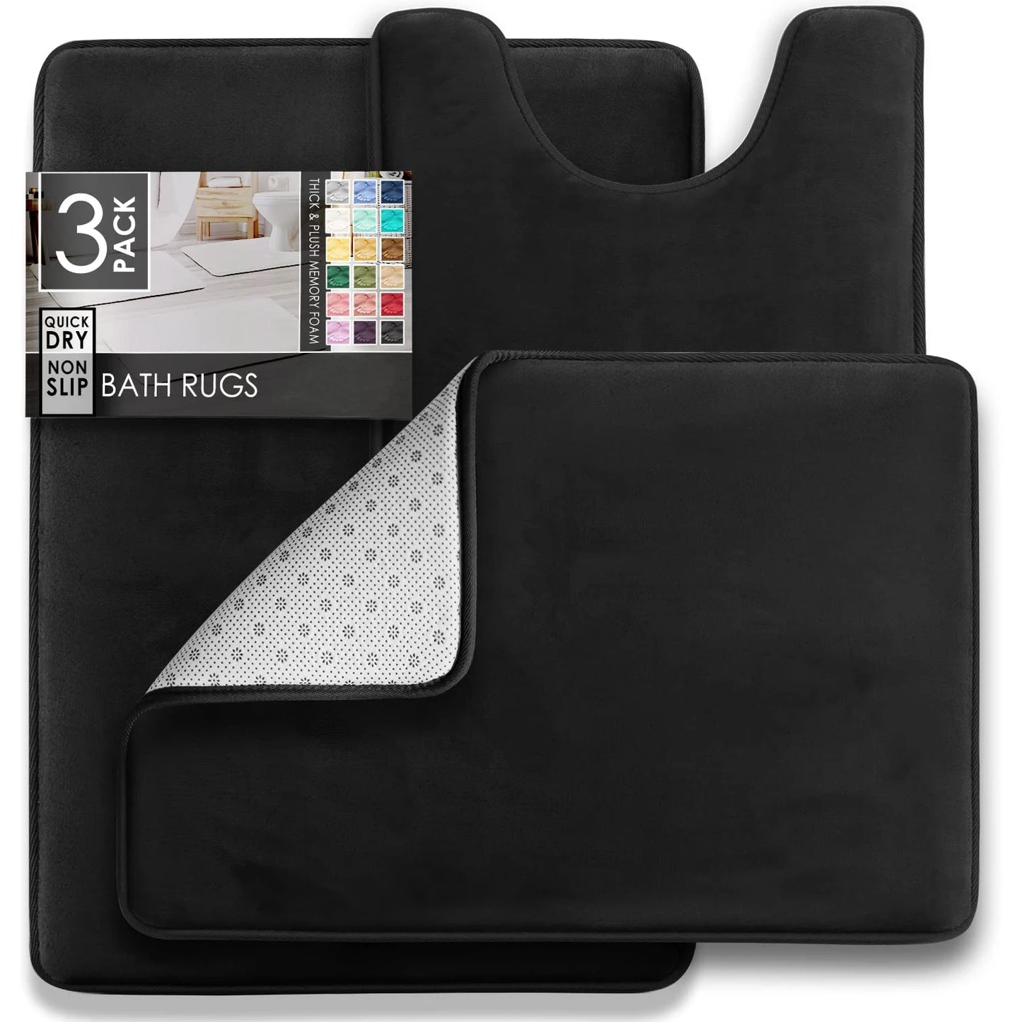 3PC Velvet Memory Foam Bathroom Rug Set - Ultra Soft, Non-Slip, Quick-Dry Machine Washable Bath Mats