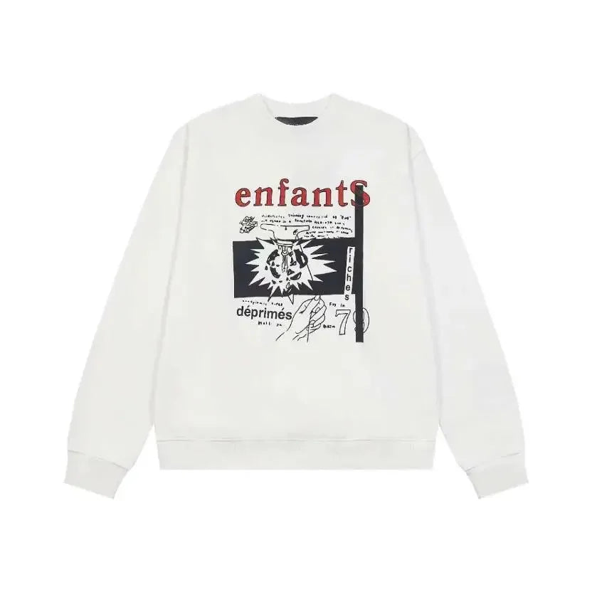 Washed Casual Hoodie Sweatshirt — Unisex Loose-Fit Street Style Crew Neck with Lip Print Letter Design, Vintage Comfortable Top