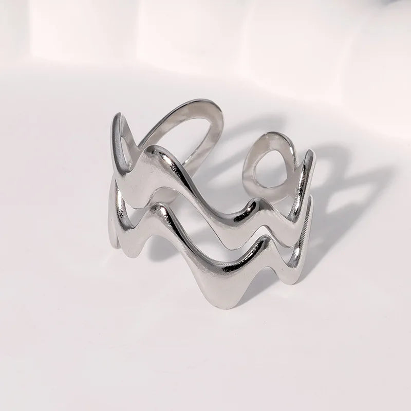 Stainless Steel Irregular Wave Adjustable Ring – Creative Gold Statement Jewelry for Women & Men