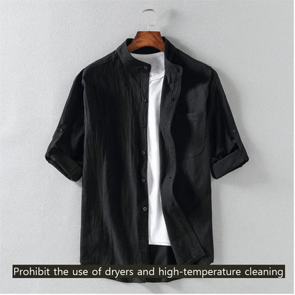 Men’s Stand Collar Short Sleeve Shirt - Spring Summer Casual Mid-Sleeve Plus Size Fashion Top