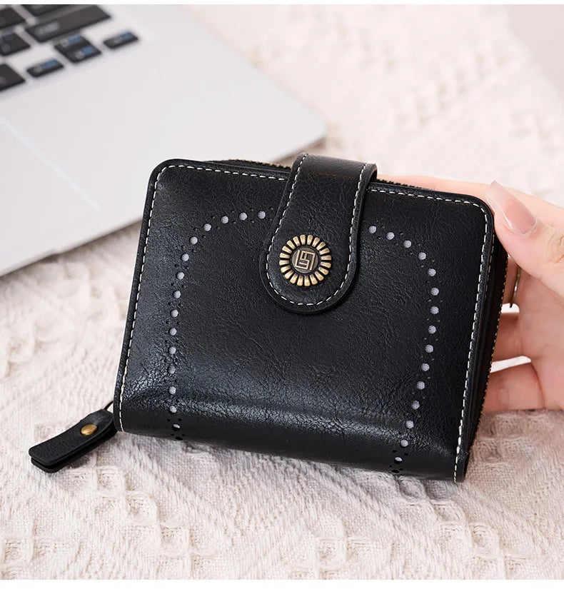 Retro Hollow-Out Short Purse for Women – Multi-Card Zipper Wallet, European & American Fashion Design