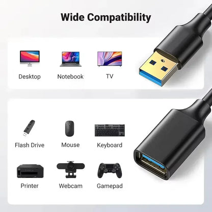 USB 3.0 Extension Cable - High-Speed USB 2.0/3.0 Data Transfer Cord for Smart TV, Xbox One, SSD, PC & Laptop 0.5–3M