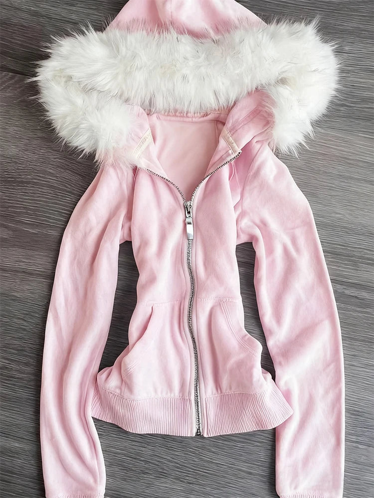 Pink Leopard Print Hooded Zipper Sweatshirt – Slim Fit Long Sleeve Streetwear for Spring & Autumn