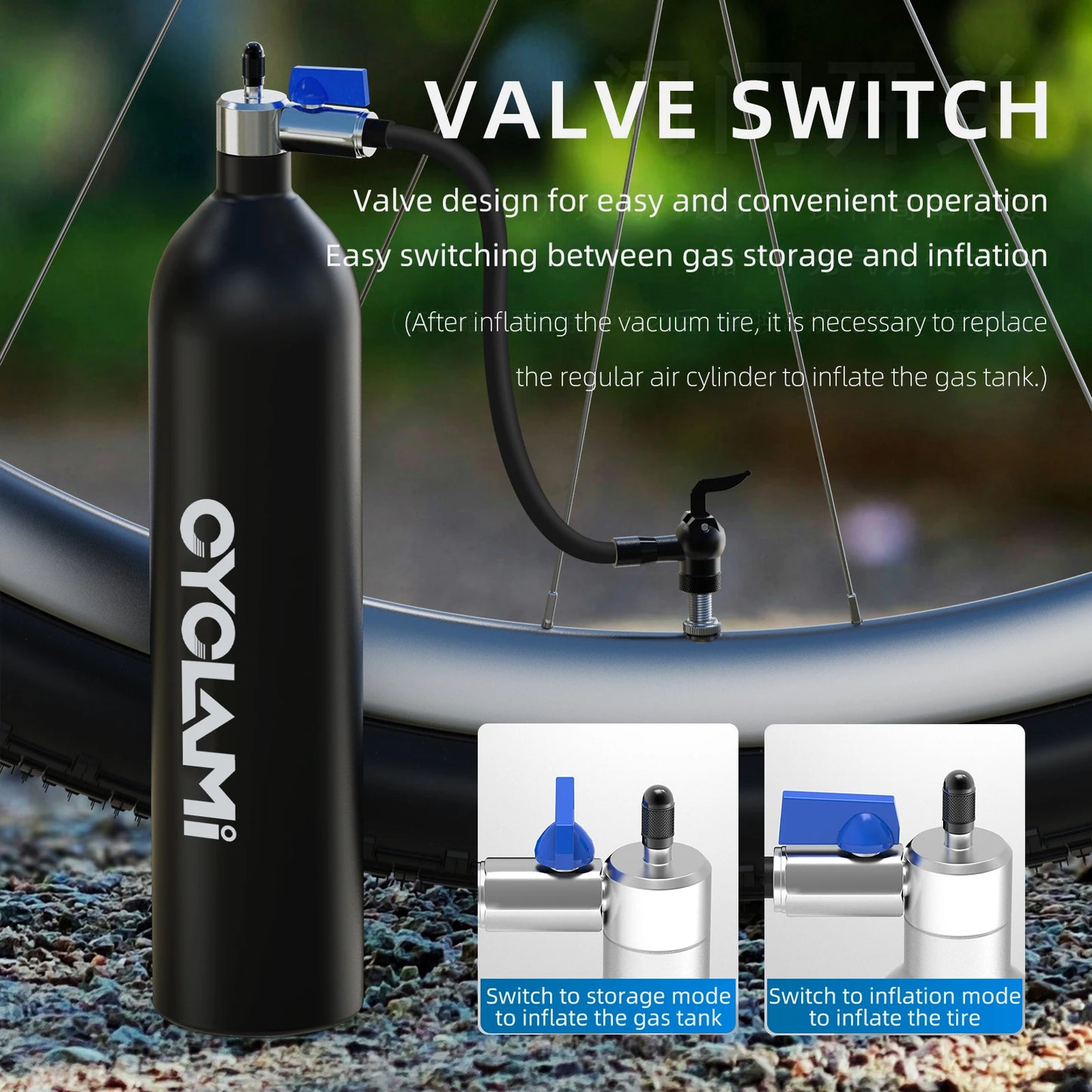 CYCLAMI 1.2L Aluminum Alloy MTB Road Tire Inflator – Valve Gas Cylinder for Tubeless 29" Bike Tires