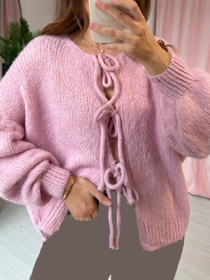 Fashion Knitted Bow Lace-Up Cardigan for Women – Y2K Open Front Sweater, Sweet Lantern Sleeve Oversized Knit Cardigan