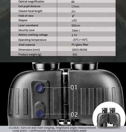 1500m Marine Binoculars for Adults – 8x40 with Rangefinder, Compass, IP65 Waterproof, UHD Field of View 8°