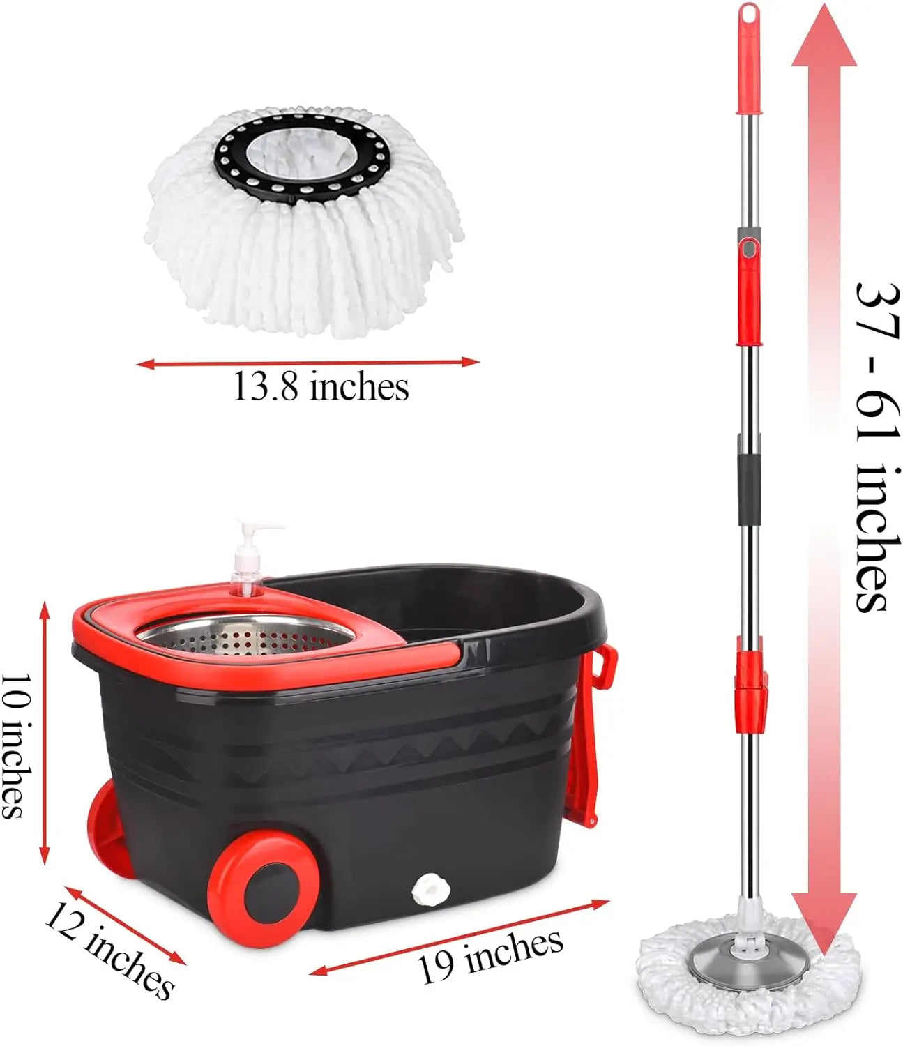 Black Spin Mop Bucket Set with Wringer – Wheeled Bucket, Adjustable Handle & 3 Replacement Mop Refills