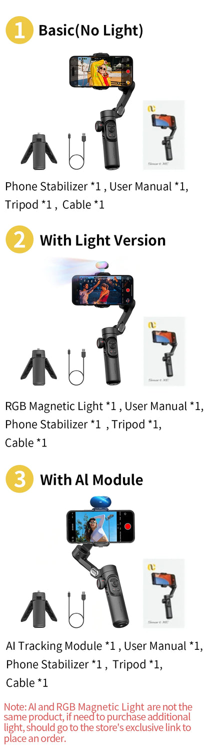 AOCHUAN 3-Axis Handheld Gimbal Stabilizer – Smartphone Stabilizer with Fill Light, Face Tracking for iPhone & Android, Tiktok & Vlog Smart XE