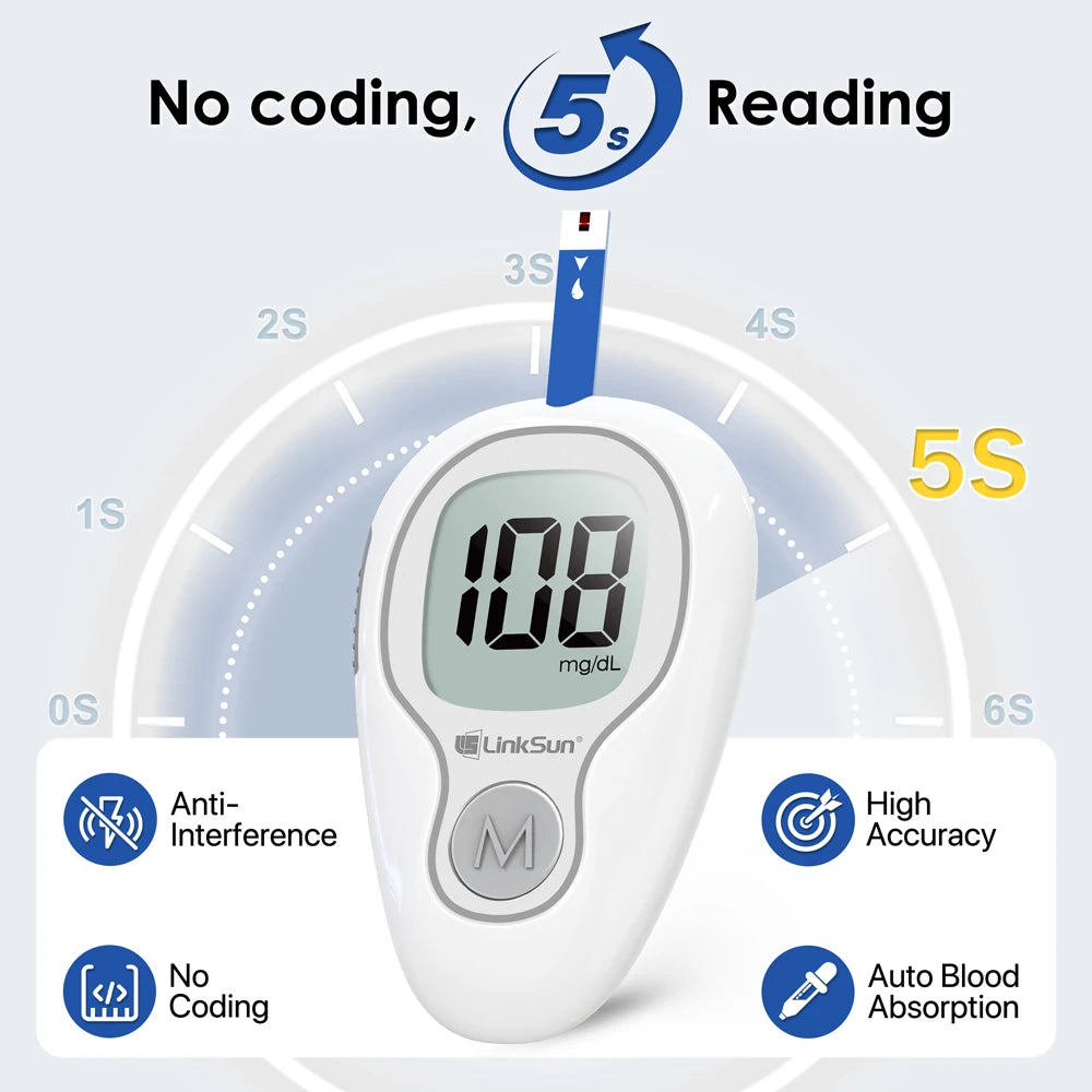 LinkSun G-425-3 Blood Glucose Meter Kit - No-Code Diabetes Tester with 10, 50 or 100 Test Strips