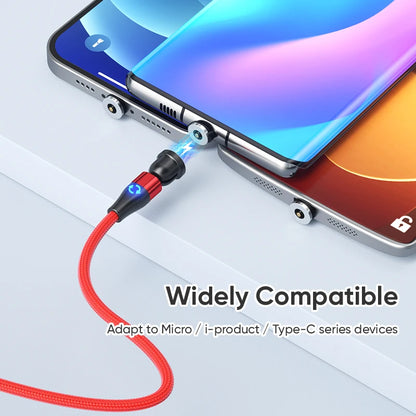 3-in-1 Magnetic Charging Cable — Micro USB & Type-C with 540° Rotate LED for Xiaomi, Samsung, Huawei, iPhone