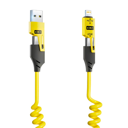 4-in-1 65W Spring Data Cable - 6A USB Type C Telescopic Quick Charger Wire for iPhone 15/14/13/12