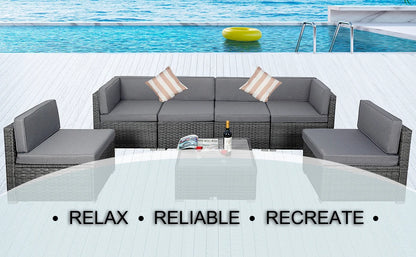 7-Piece Outdoor Patio Furniture Set with Cushions – PE Rattan Modular Sofa Set, Coffee Table & Pillows