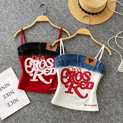 SINGREINY Y2K Denim Patchwork Crop Top — Women’s Retro Letter Embroidery Slim Streetwear Strap Top