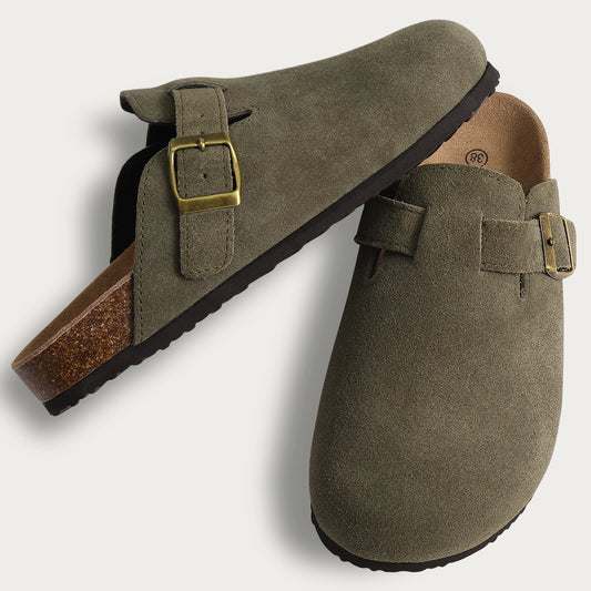 Comwarm Women’s Suede Mules & Men’s Cork Insole Clogs – Arch Support Sandals for Outdoor, Beach, and Home Slides