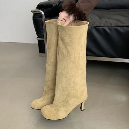 Eilyken Winter Street Style Knee-High Boots – Round Toe, Punk Thin High Heels, Fashionable Women's Long Booties