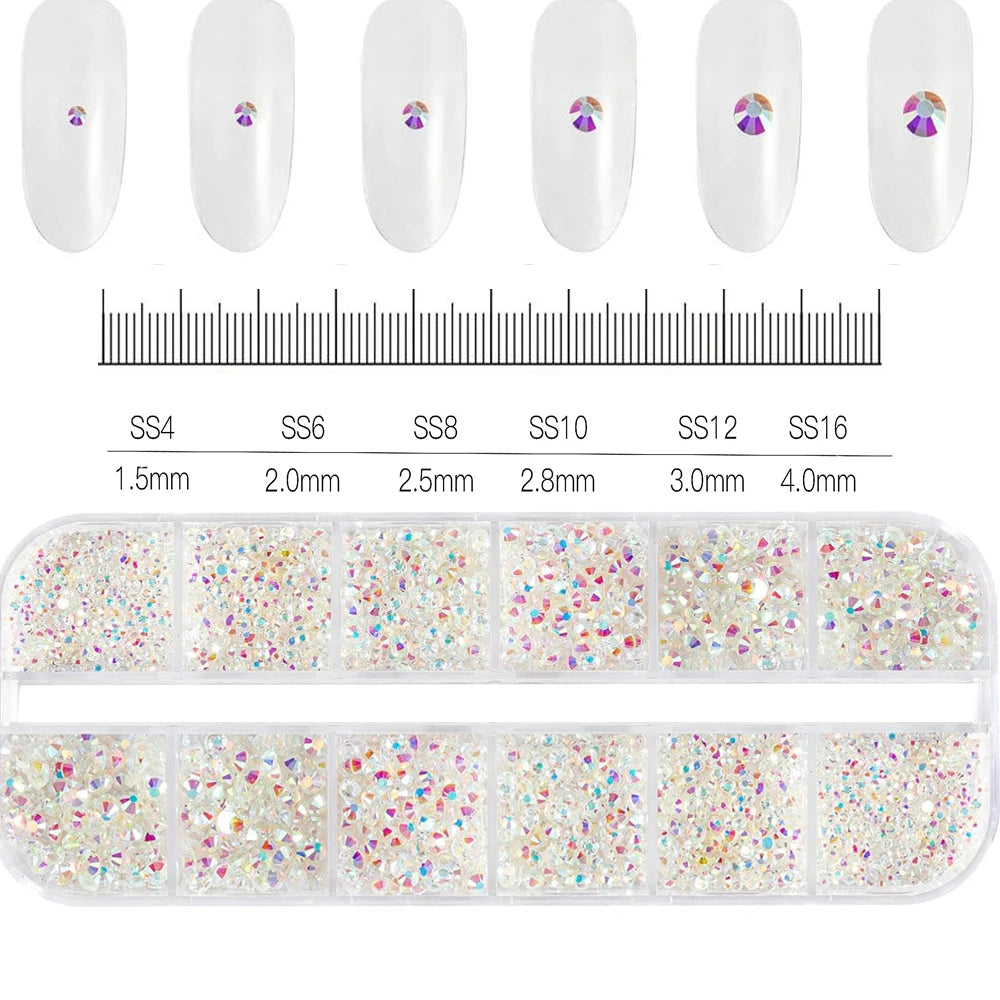 12-Grid Mixed Nail Rhinestones SS6-SS30 – Shiny Flat-Back Gems in Clear, Gold, Pink & Blue for Nail Art Decoration