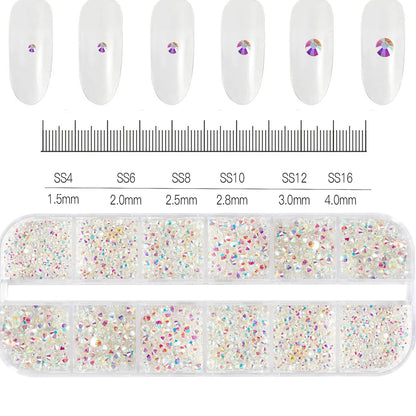 12-Grid Mixed Nail Rhinestones SS6-SS30 – Shiny Flat-Back Gems in Clear, Gold, Pink & Blue for Nail Art Decoration