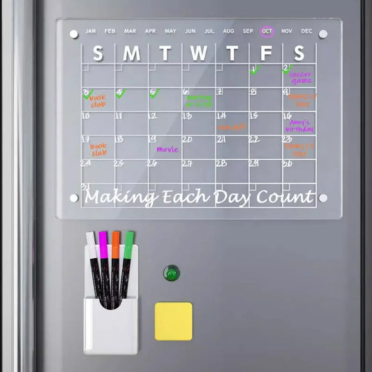 Reusable Magnetic Dry Erase Fridge Calendar Board - Transparent Acrylic Fridge Magnet Sticker Planner for Schedules, Messages, and Menus
