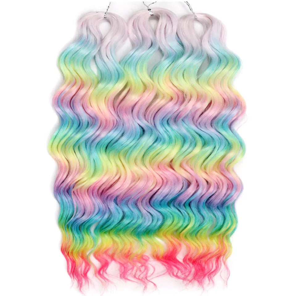 FASHION IDOL 24" Deep Wave Crochet Hair - 3-Piece Synthetic Water Wave Braiding Extensions, Ombre Rainbow Twist Hair