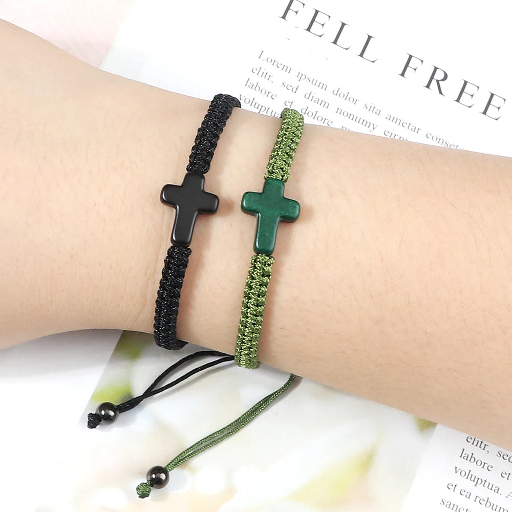 Hand Woven Jesus Cross Bracelet - Red & Black Braided Thread Lucky Couple Jewelry Gift for Men & Women