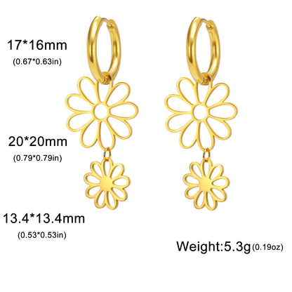 Nine Petal Flower Hoop Earrings - Stainless Steel Bohemian Hollow Pendant Jewelry Gift for Women