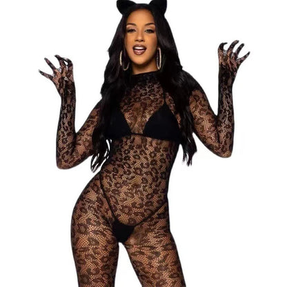 Sexy Crotchless Lingerie Set - Leopard Print Mesh Bodystocking with Backless Cutout Bra Design