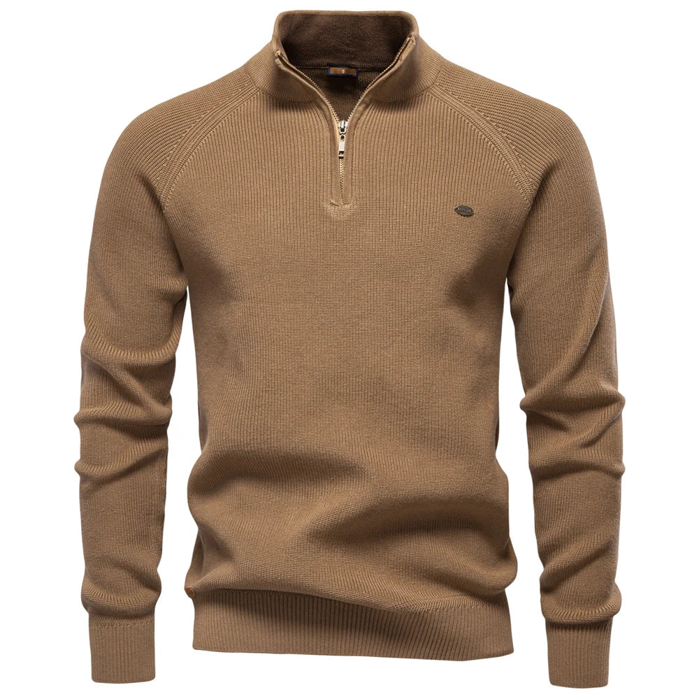 Men's Autumn Cotton Zipper Cardigan - High Collar Warm Knitted Casual Sweater Winter Top
