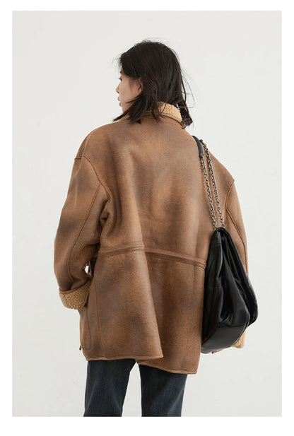 CHIC VEN Women's Reversible Jacket – Thick Suede, Motorcycle Style, Loose Fit Winter & Autumn Outerwear 2023