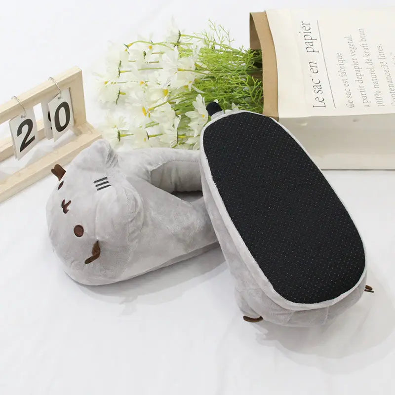 Chubby Gray Cat Plush Slippers - Warm, Fluffy Indoor House Shoes for Men and Women, Cozy Autumn and Winter Couple Gifts