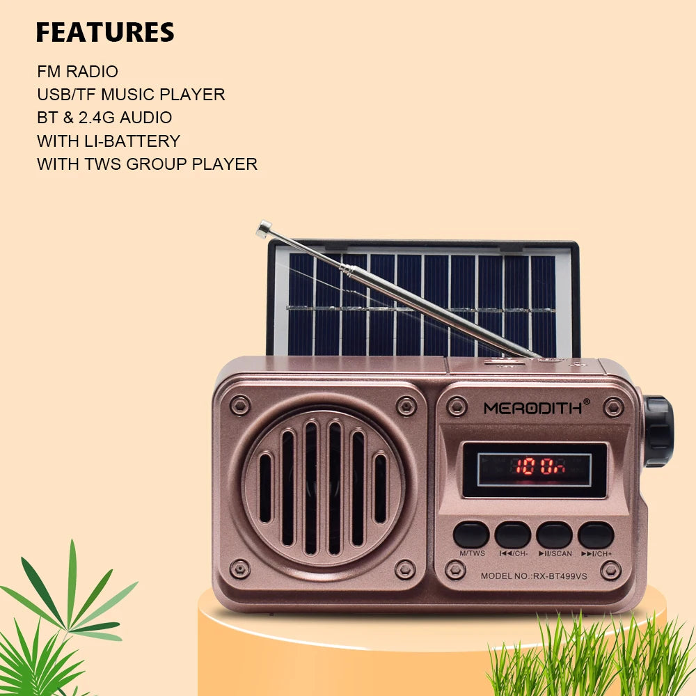 MD-499 Wireless Bluetooth Speaker — Full-Band FM Radio with MP3 Playback, Solar Charging & Emergency Power Function